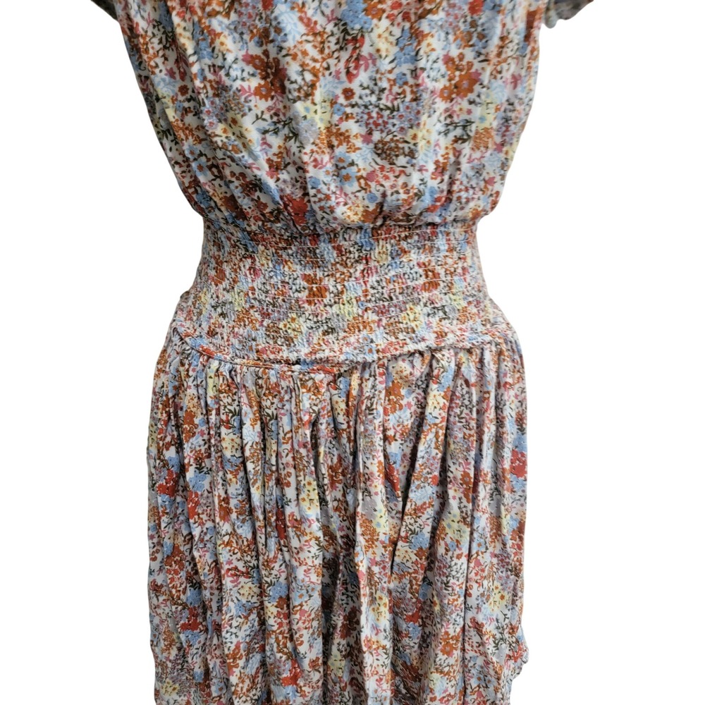 New Look Floral Smocked Waist Mini Dress Blue Orange Ditsy Puff Sleeve Large - Picture 3 of 4